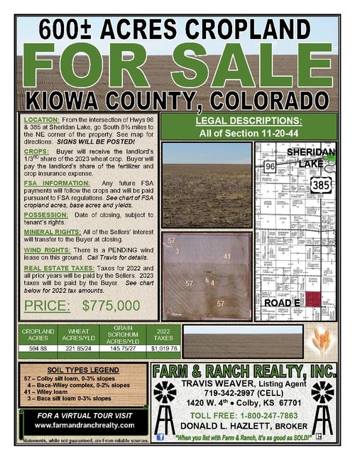 600± ACRES CROPLAND KIOWA CO., COLO.